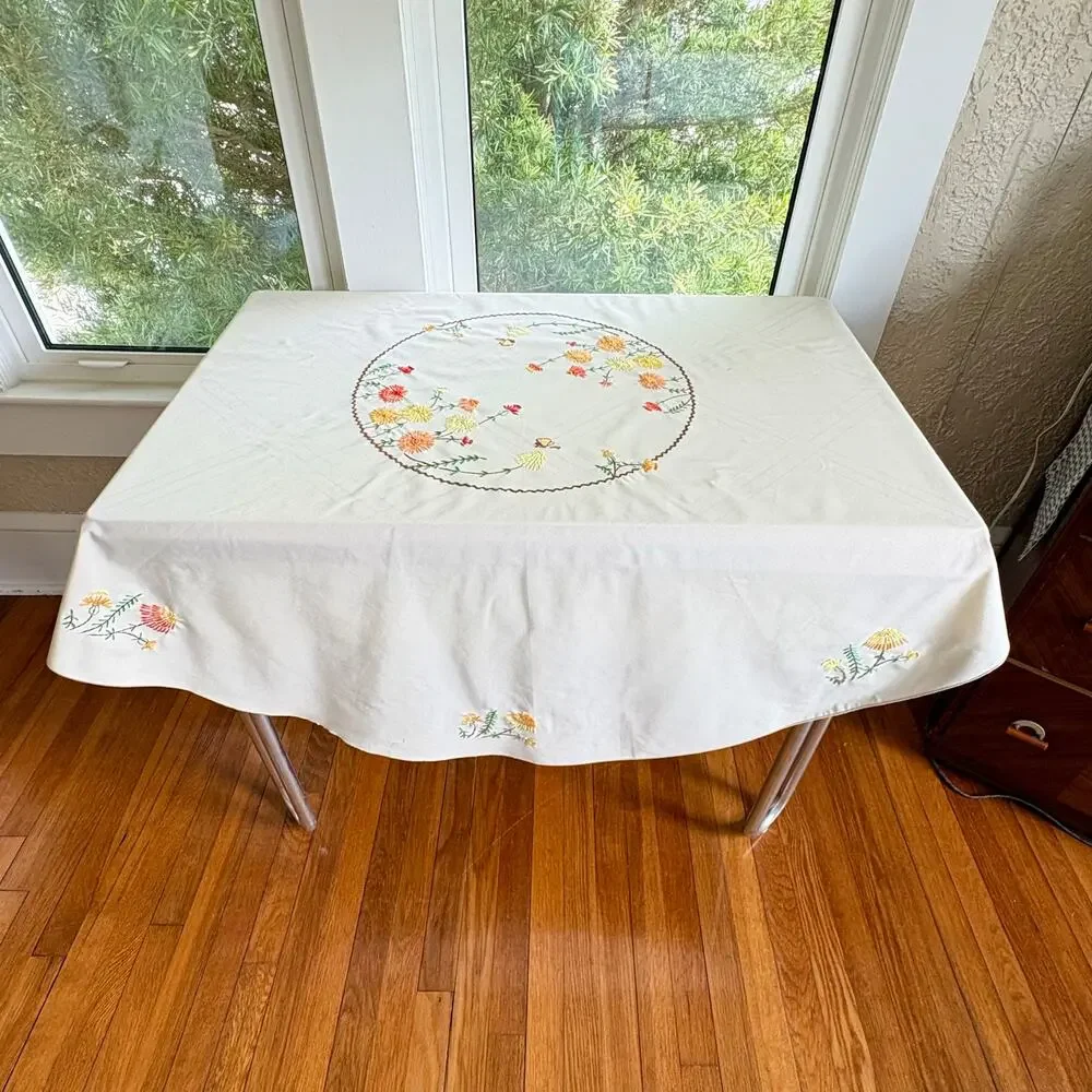 Vintage Embroidered Round Tablecloth, Beige Floral Cotton Blend 58”